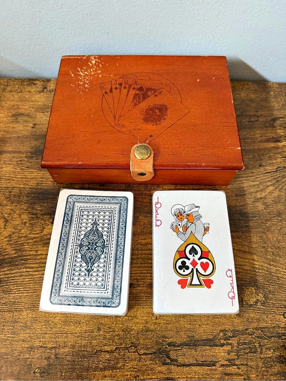 Vintage Playing Cards 2 Sealed Decks Wooden Storage Box Bridge Romantic Joker